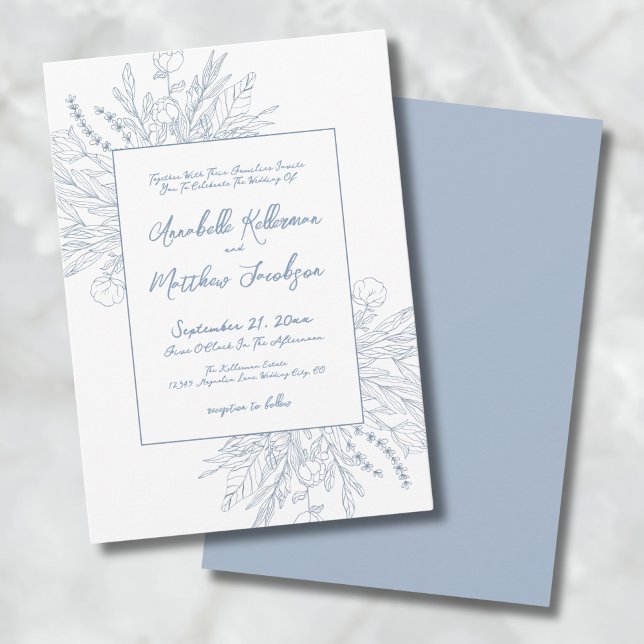 Dusty Blue Romantic Botanical Elegante Hochzeit Einladung (Dusty Blue Romantic Botanical Elegant Wedding Invitation)