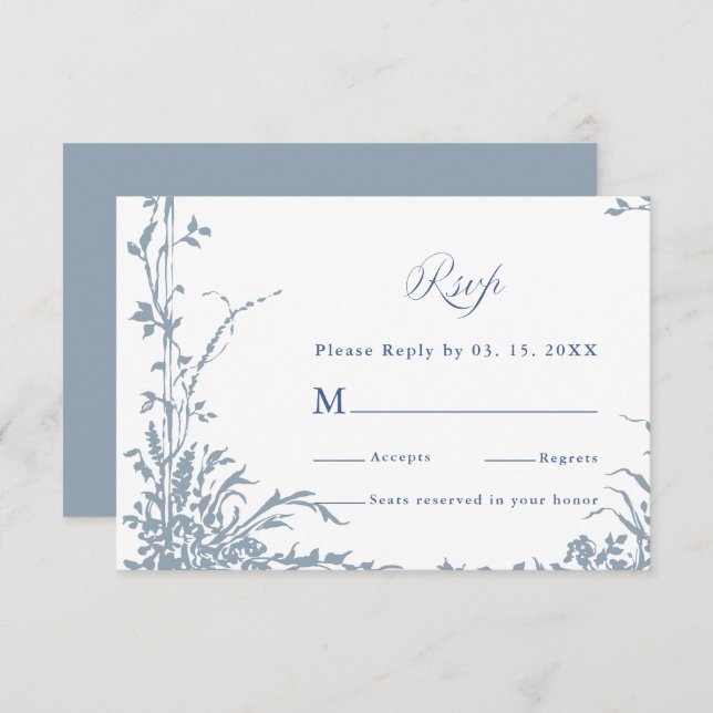 Dusty Blue Romantic Botanical Garden Wedding RSVP Karte (Vorne/Hinten)