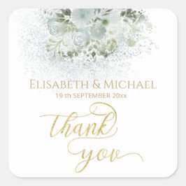 Dusty-blue romantic floral gold kalligraphie quadratischer aufkleber
