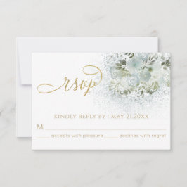Dusty-blue romantic floral gold kalligraphie RSVP karte