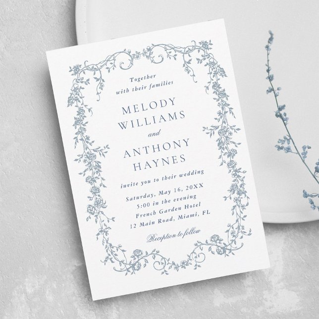 Dusty Blue Romantic French Floral Wedding  Einladung (Von Creator hochgeladen)