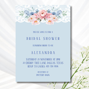 Dusty Blue Romantic Pink Floral Lace Brautparty Einladung