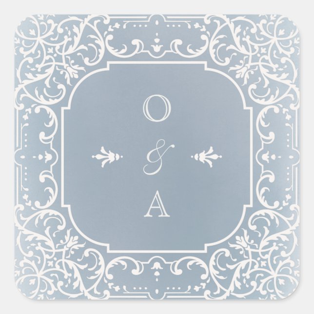 Dusty Blue Romantitic Vintage Hochzeitsmonogramm Quadratischer Aufkleber (Vorderseite)