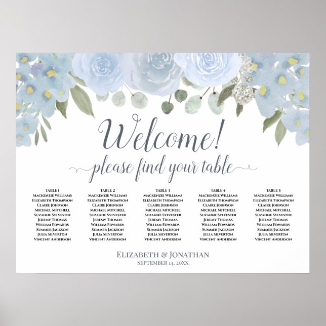 Dusty Blue Rose 5 Tabelle Hochzeitstabelle Poster (Vorne)