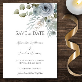 Dusty Blue Rose auf White Wedding Save The Date