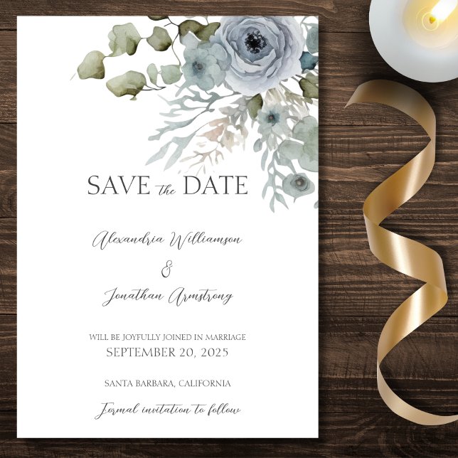 Dusty Blue Rose auf White Wedding Save The Date (Von Creator hochgeladen)