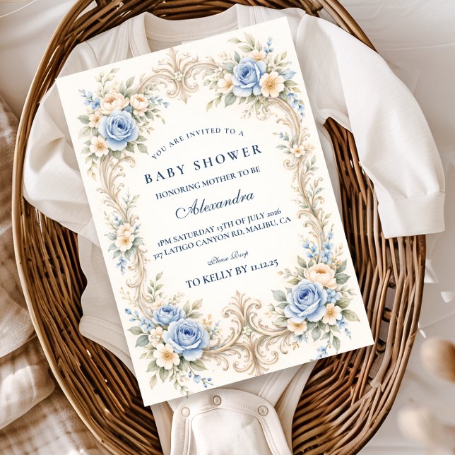 Dusty Blue Rose Baroque Baby Shower Einladung (Von Creator hochgeladen)