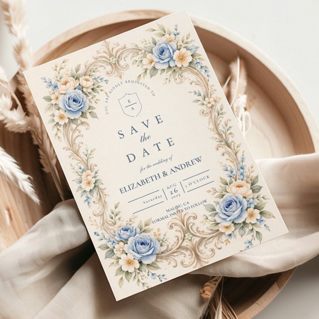Dusty Blue Rose Baroque Wedding Save The Date (Von Creator hochgeladen)