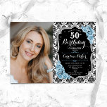 Dusty Blue Rose Black Damask Foto 50. Geburtstag Einladung<br><div class="desc">Elegante florale feminine 50. Geburtstagseinladung mit Ihrem Foto. Glam Schwarz-weiß helles, staubblaues Design mit Imitaten Glitzer Silber. Enthält schwarz-weiße Damask-Muster, blaue Rose, Script-Schriftart und Konfetti. Ideal für ein stilvolles Party für Erwachsene. Personalisieren Sie Ihre persönlichen Daten. Kann für jedes Alter angepasst werden! Gedruckte Zazzle Einladungen oder Sofortdownload digitalen druckbaren Vorlage....</div>