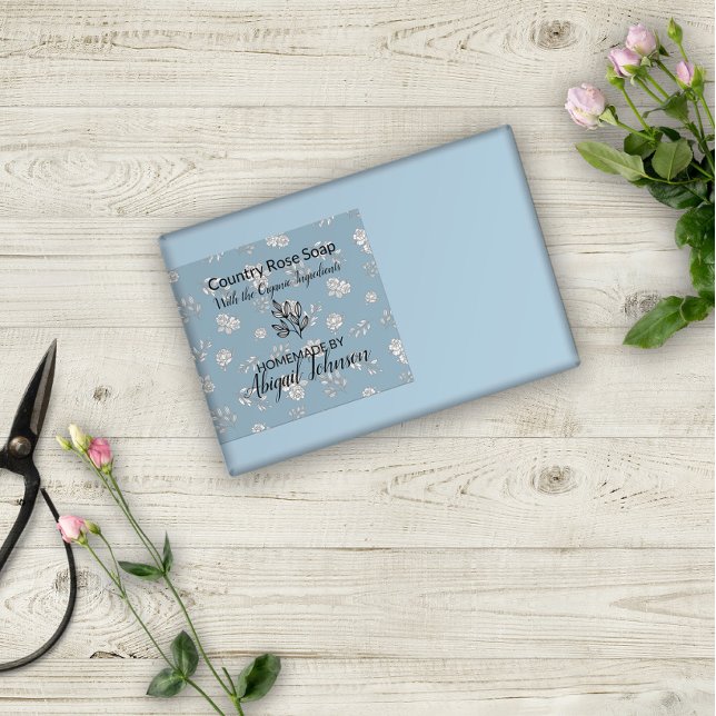 Dusty Blue Rose Blätter Line Art Modern Soap Label Rechteckiger Aufkleber (Von Creator hochgeladen)