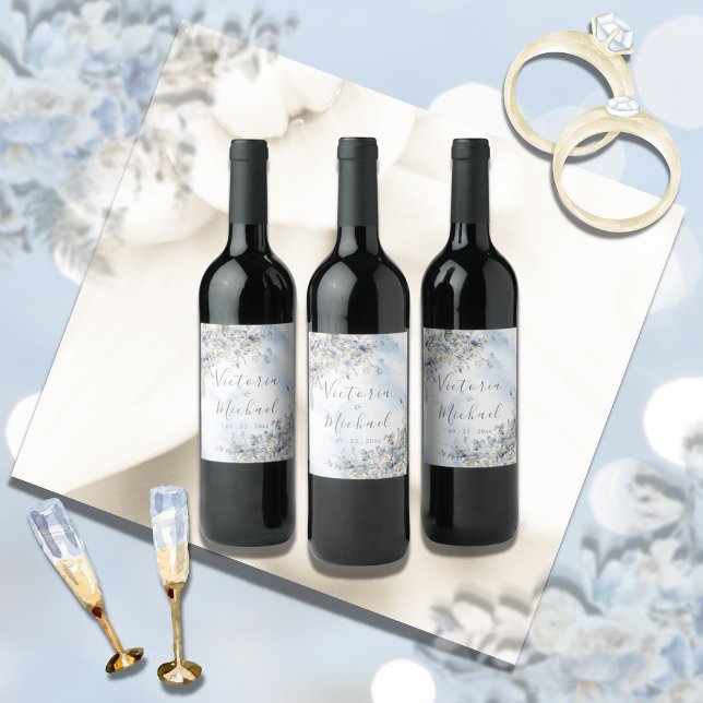 Dusty Blue Rose Bloral Persoonalized Wedding Weinetikett (Von Creator hochgeladen)