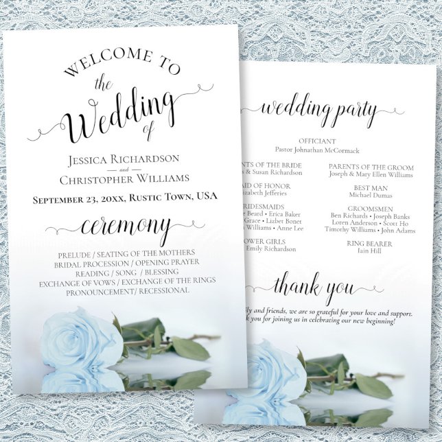 Dusty Blue Rose Elegantes Hochzeitsprogramm (Front/Back)