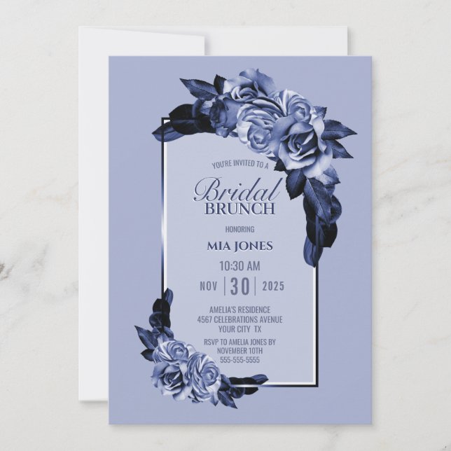 Dusty Blue Rose Floral Bridal Brunch Einladung (Vorderseite)