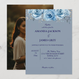 Dusty Blue Rose Floral Photo Back Wedding  Einladung