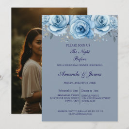 Dusty Blue Rose Floral Photo Rehearsal Dinner  Einladung