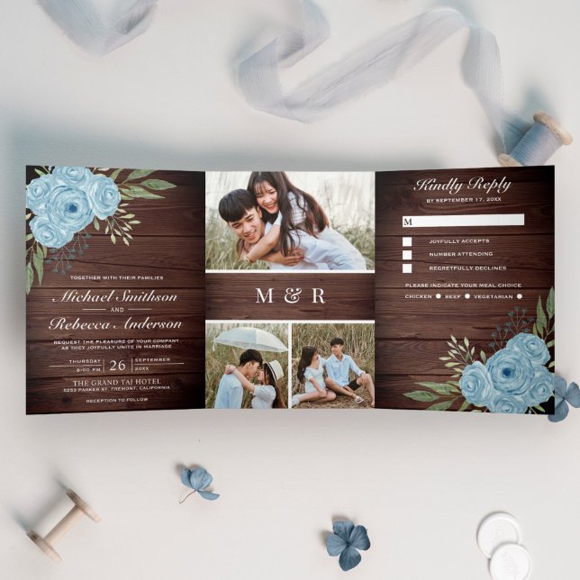 Dusty Blue Rose Foto Collage Rustic Wood Wedding Dreifach Gefaltete Einladung (Von Creator hochgeladen)