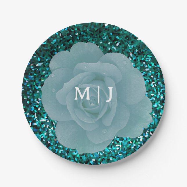 Dusty Blue Rose Glittery Monogram Elegant Wedding Pappteller (Vorderseite)