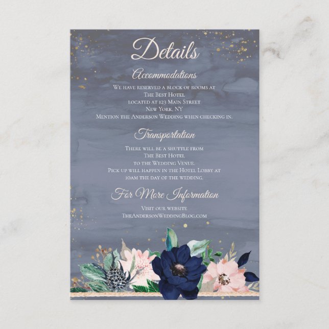 Dusty Blue Rose Gold Aquarell Blumendetails Begleitkarte (Vorderseite)