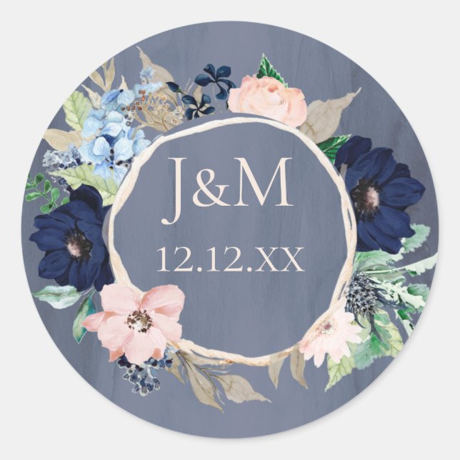 Dusty Blue Rose Gold Aquarellfarben Runder Aufkleber (Vorderseite)