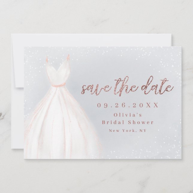 Dusty blue Rose Gold Elegantes Kleid Save the Date (Vorderseite)
