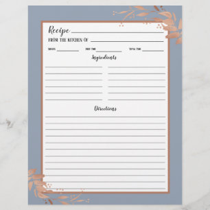 Dusty Blue Rose Gold Foliage Recipe Binder Page