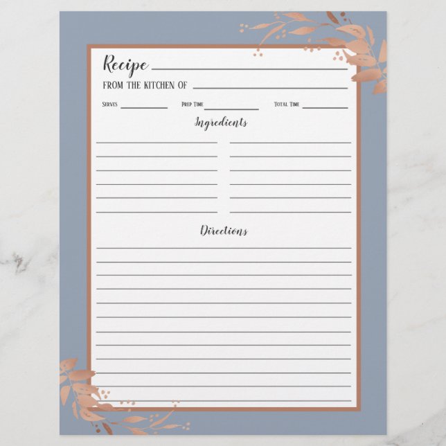 Dusty Blue Rose Gold Foliage Recipe Binder Page (Vorderseite)