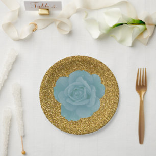 Dusty Blue Rose Gold Glitzer Brautparty Wedding Pappteller