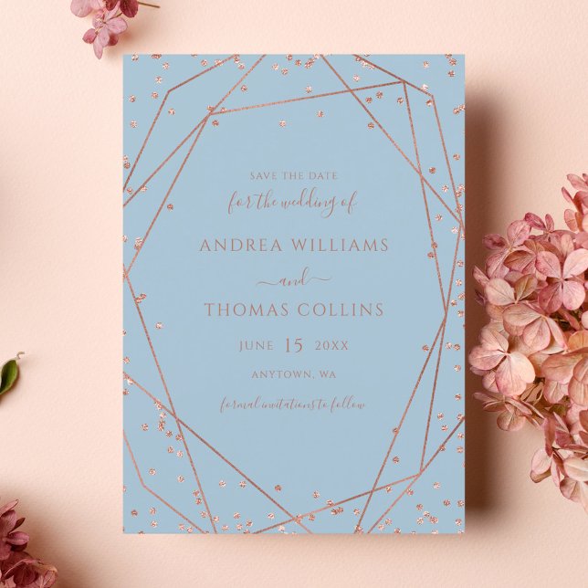 Dusty Blue Rose Gold Glitzer Geometric Wedding Save The Date (Von Creator hochgeladen)