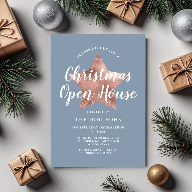 Dusty Blue Rose Gold Star Christmas Open House Einladung (Dusty Blue Rose Gold Star Christmas Open House Invitation)