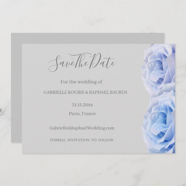 Dusty Blue Rose Gray Floral Save the Date Hochzeit Einladung (Vorne/Hinten)