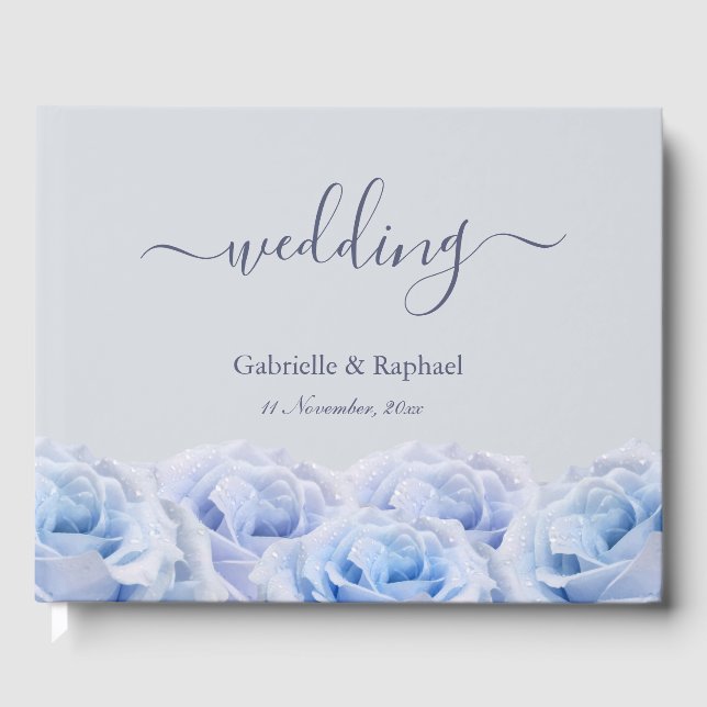 Dusty Blue Rose Light Gray Elegante Wedding Guest Gästebuch (Vorderseite)