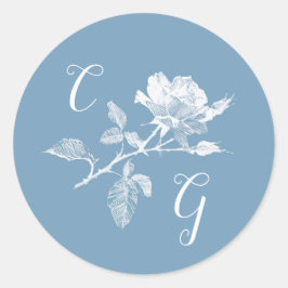 Dusty Blue Rose Line Art Monogram Wedding Runder Aufkleber