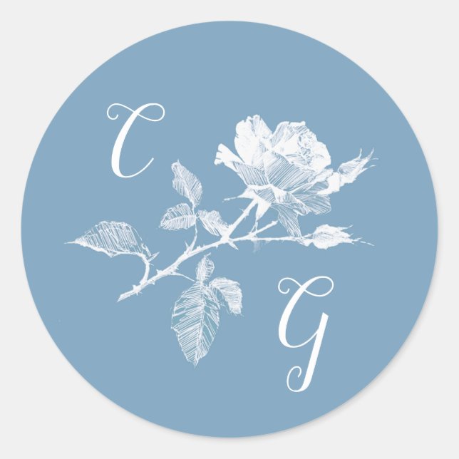 Dusty Blue Rose Line Art Monogram Wedding Runder Aufkleber (Vorderseite)