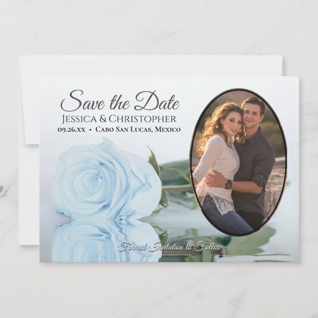 Dusty Blue Rose mit Oval Foto Romantische Hochzeit Save The Date (Vorderseite)