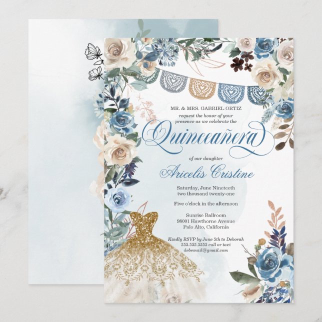 Dusty Blue Rose Papel Picado Country Quinceañera Einladung (Vorne/Hinten)