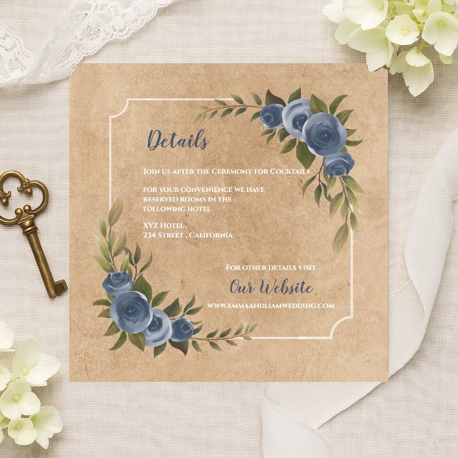 Dusty Blue Rose Rustic Kraft Wedding Details Begleitkarte (Dusty Blue Rose Rustic Kraft Wedding Details Enclosure Card)