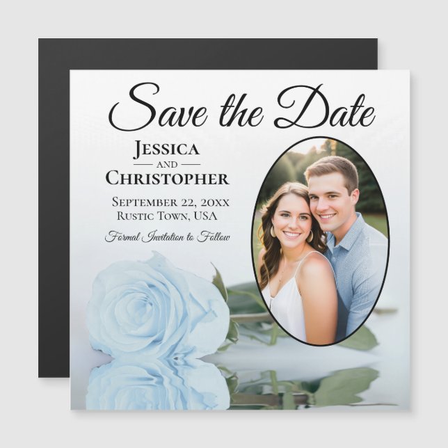 Dusty Blue Rose Save the Date Oval Foto Magnet (Vorne/Hinten)