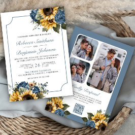 Dusty Blue Rose Sonnenblumen Foto QR Code Hochzeit Einladung