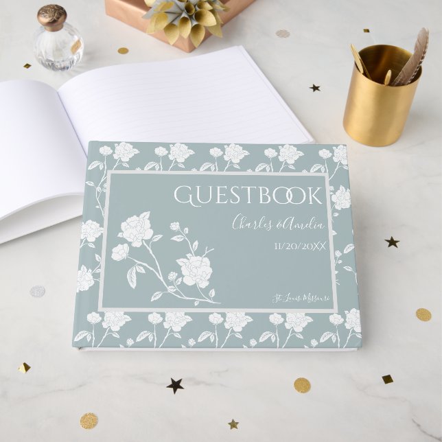 Dusty Blue Rose Wedding Guest Book Gästebuch (Vorderseite Offen)