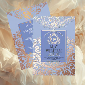 Dusty Blue RoseGold Classic Monogram Boho Wedding Folieneinladung