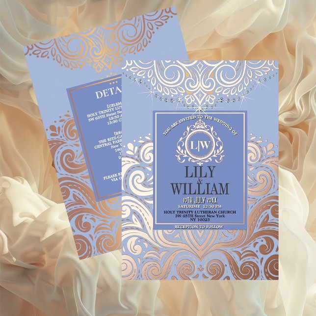 Dusty Blue RoseGold Classic Monogram Boho Wedding Folieneinladung (Luxurious Elegant Classic Boho Wedding Invitation - Real Foil and Monogram)