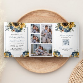 Dusty Blue Roses Sunflowers Photo QR Code Wedding Dreifach Gefaltete Einladung