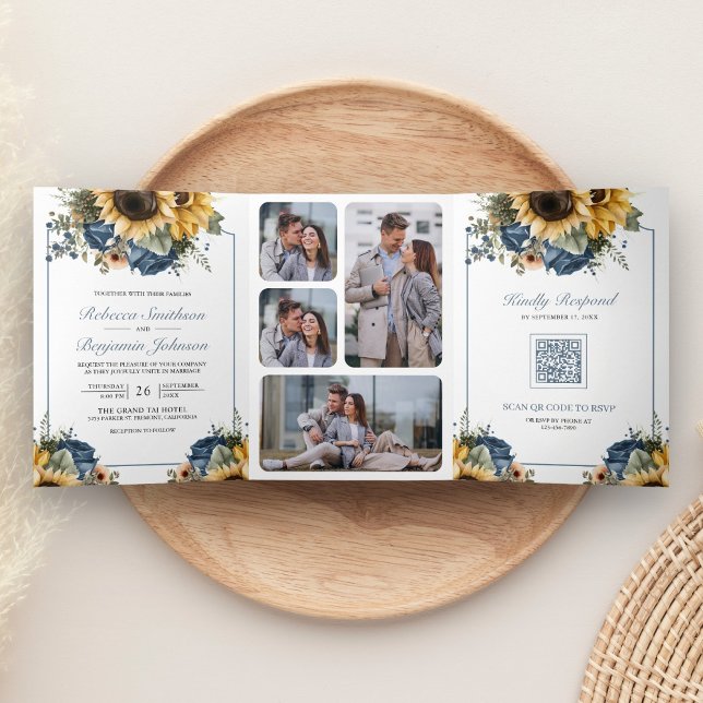 Dusty Blue Roses Sunflowers Photo QR Code Wedding Dreifach Gefaltete Einladung (Von Creator hochgeladen)