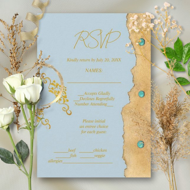 Dusty Blue Rustic Boho Gold Turquoise Wedding RSVP Karte (Von Creator hochgeladen)