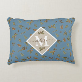 Dusty Blue Rustic Brown Blätter Mit Monogramm Dekokissen