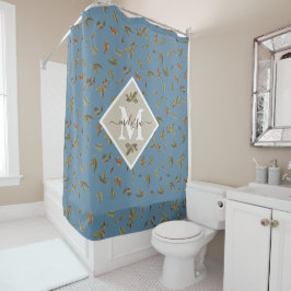 Dusty Blue Rustic Brown Blätter Mit Monogramm Duschvorhang