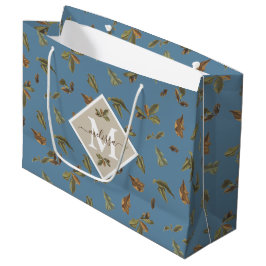 Dusty Blue Rustic Brown Blätter Mit Monogramm Große Geschenktüte