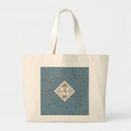 Dusty Blue Rustic Brown Blätter Mit Monogramm Jumbo Stoffbeutel