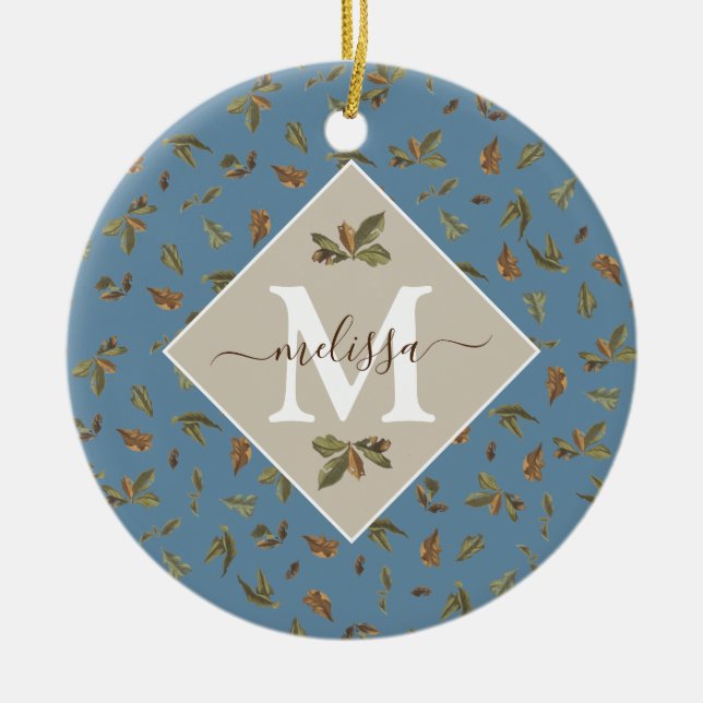 Dusty Blue Rustic Brown Blätter Mit Monogramm Keramik Ornament (Vorne)