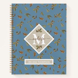 Dusty Blue Rustic Brown Blätter Mit Monogramm Notizbuch